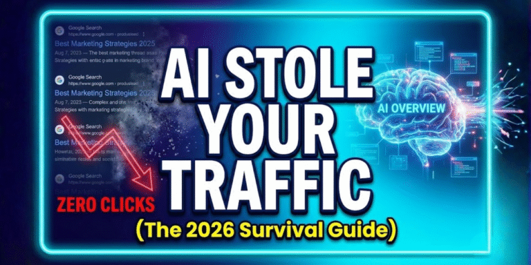 A high-impact YouTube-style header for a 2026 SEO survival guide, featuring a glowing holographic brain absorbing search data and traditional blue links crumbling, with bold text 'AI STOLE YOUR TRAFFIC'