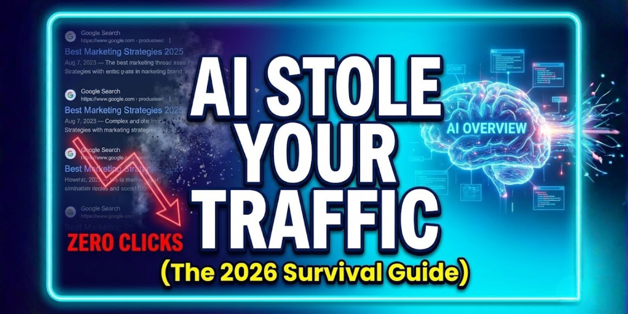 A high-impact YouTube-style header for a 2026 SEO survival guide, featuring a glowing holographic brain absorbing search data and traditional blue links crumbling, with bold text 'AI STOLE YOUR TRAFFIC'