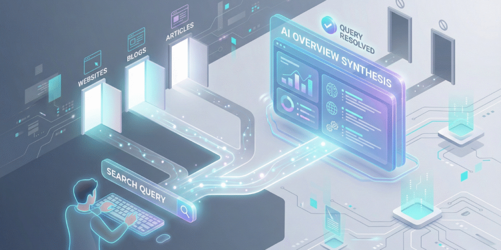 Isometric 3D digital illustration of a user's search query path being intercepted by a holographic AI Overview interface instead of leading to traditional blog and website doorways
