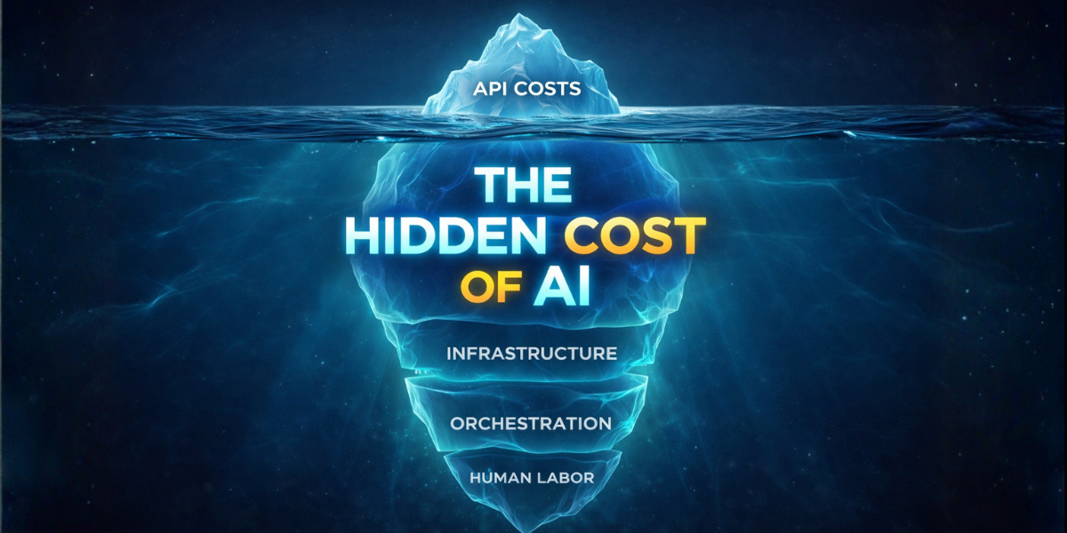 Iceberg illustration showing the hidden cost of AI monetization, with API costs above water and infrastructure, orchestration, and human labor beneath the surface.