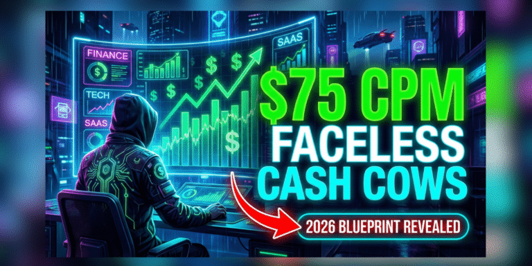 A futuristic 2026 YouTube thumbnail featuring a hooded faceless creator at a holographic dashboard showing rising financial charts with text '$75 CPM' and 'Faceless Cash Cows', illustrating high CPM faceless YouTube niches