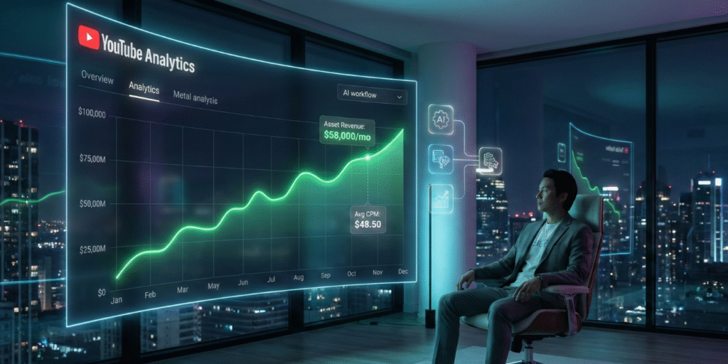 A professional digital media entrepreneur in a minimalist 2026 home studio, viewing a holographic dashboard with high-CPM YouTube analytics and rising revenue charts, illustrating the financial success of a faceless content agency