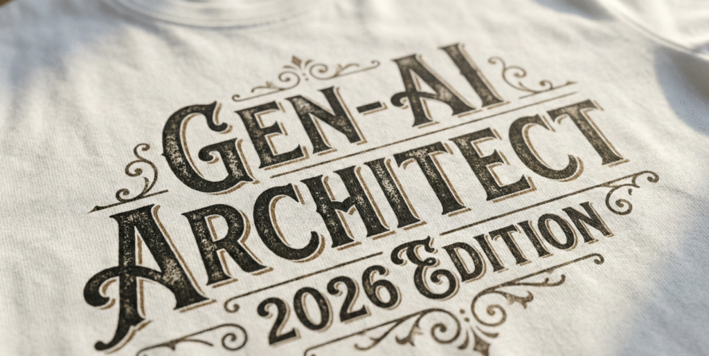Close-up of a t-shirt with perfect AI-generated typography reading 'GEN-AI ARCHITECT', demonstrating Ideogram 2.0 text accuracy