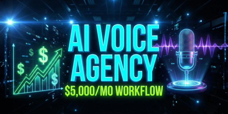 High-impact YouTube thumbnail for an AI Voice Agency guide, featuring bold neon text 'AI VOICE AGENCY' and '$5,000/MO WORKFLOW' with a futuristic holographic microphone and profit charts on a dark background