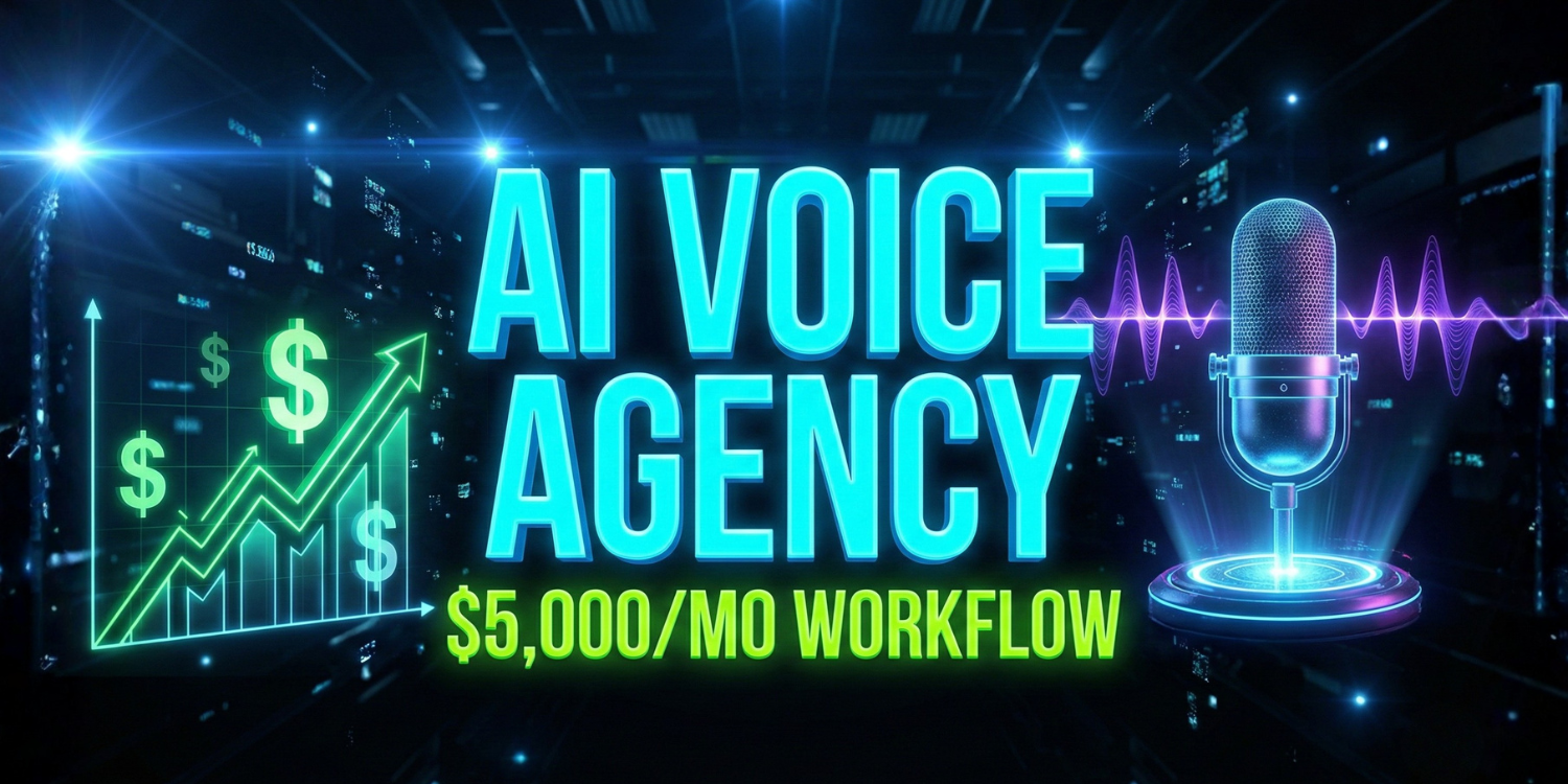 High-impact YouTube thumbnail for an AI Voice Agency guide, featuring bold neon text 'AI VOICE AGENCY' and '$5,000/MO WORKFLOW' with a futuristic holographic microphone and profit charts on a dark background