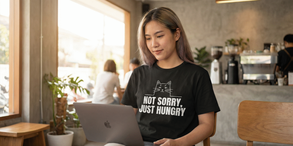 A professional lifestyle mockup of a person wearing an AI-designed irony-core t-shirt with a cat illustration and the text 'NOT SORRY, JUST HUNGRY'