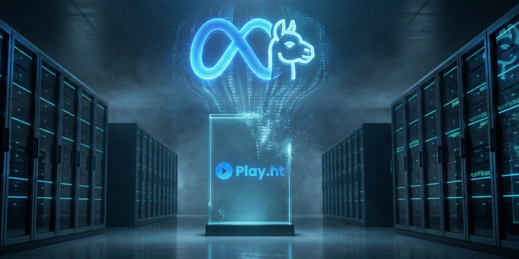 A futuristic header image showing a glitching Play.ht logo being absorbed into a glowing Meta Llama 4 holographic interface, symbolizing the end of PlayAI as an independent service