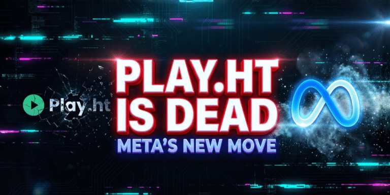A tech-style thumbnail with bold text 'PLAY.HT IS DEAD' and 'META'S NEW MOVE' featuring glitched logos and neon lighting, illustrating the transition of PlayAI technology into the Meta ecosystem
