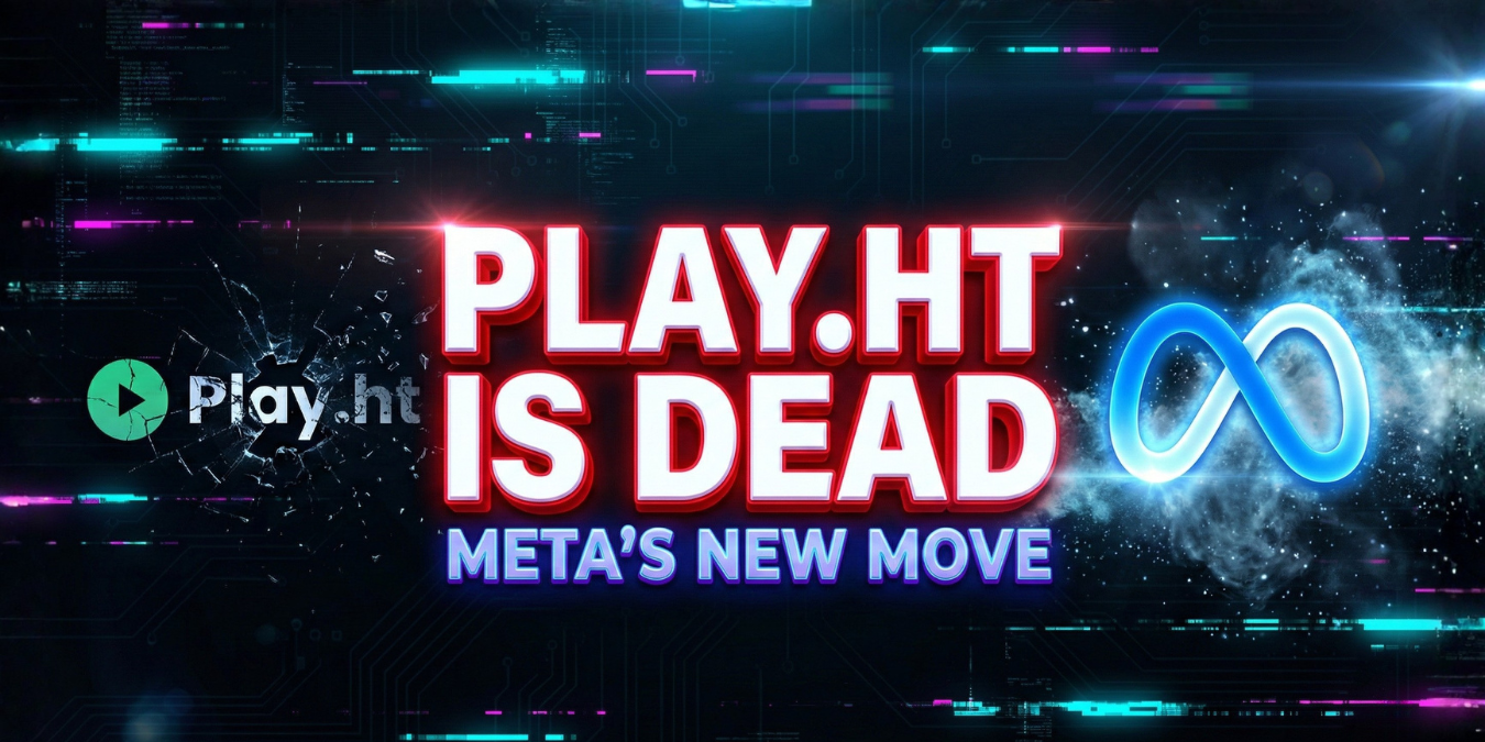 A tech-style thumbnail with bold text 'PLAY.HT IS DEAD' and 'META'S NEW MOVE' featuring glitched logos and neon lighting, illustrating the transition of PlayAI technology into the Meta ecosystem