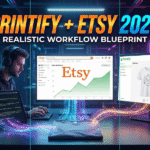 Digital workstation of a professional creator showing an integrated workflow between Etsy, Printify, and Midjourney AI prompts for 2026, featuring a tech lab aesthetic and physical products.