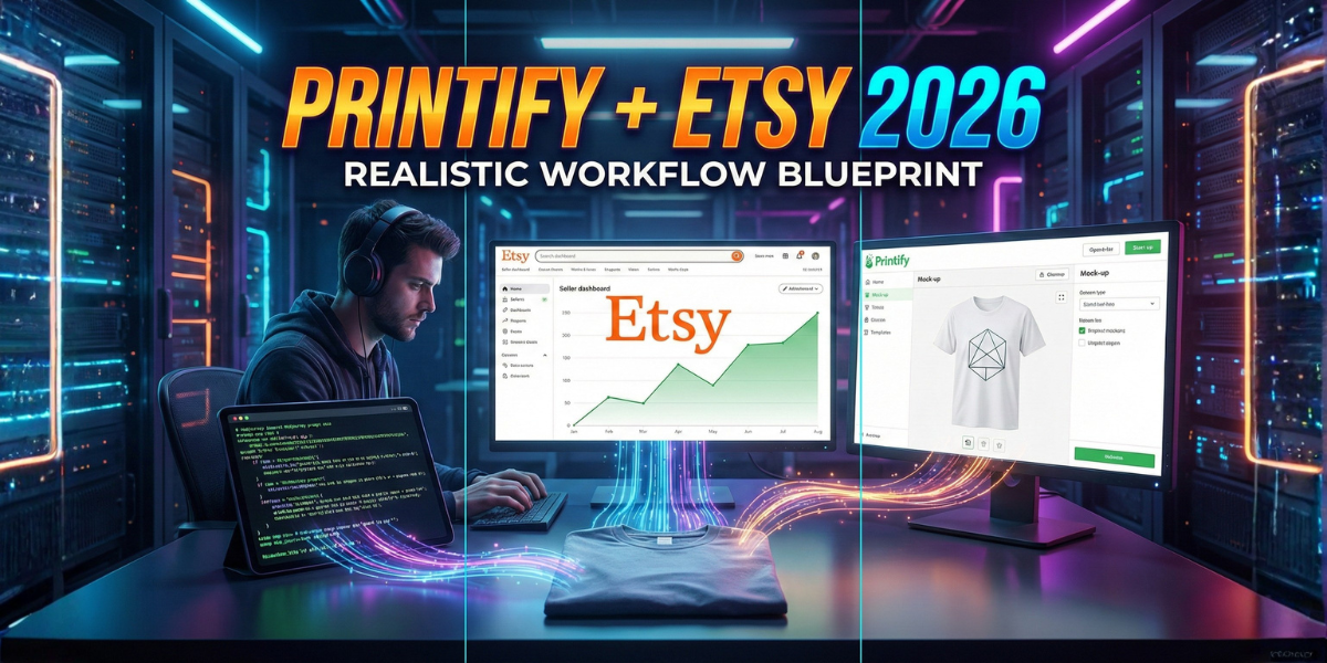 Digital workstation of a professional creator showing an integrated workflow between Etsy, Printify, and Midjourney AI prompts for 2026, featuring a tech lab aesthetic and physical products.
