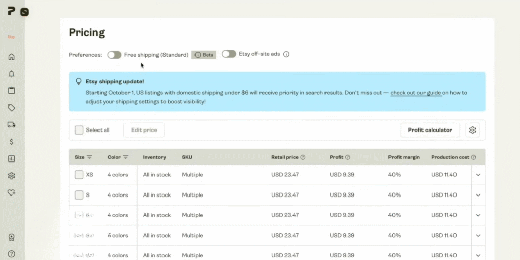 Printify and Etsy pricing screen showing retail price, production cost, profit, and margin calculation
