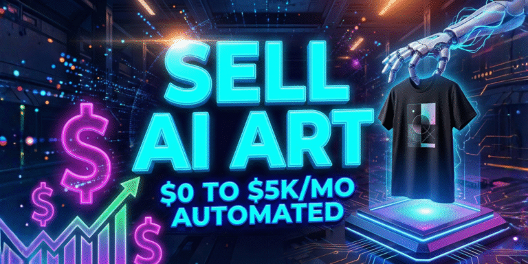 High-impact YouTube-style thumbnail for an AI art sales guide, featuring bold neon text 'SELL AI ART' and a robotic arm printing a t-shirt in a futuristic tech studio with profit charts
