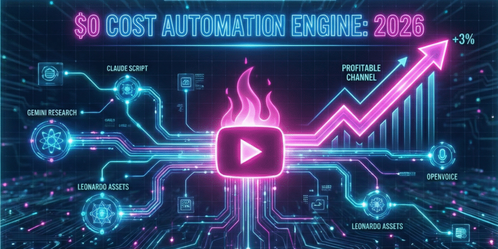 A futuristic holographic interface titled '$0 Cost Automation Engine: 2026'. The technical diagram visualizes a workflow where Gemini Research, Claude Script, and Leonardo Assets converge into a glowing magenta YouTube play button, powering a rising growth chart labeled 'Profitable Channel' on a dark cybernetic background.