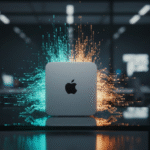 Professional setup of an Apple Mac Mini M4 used as a local LLM server for small agencies, featuring a high-end cinematic aesthetic with glowing cyan and amber AI data streams.