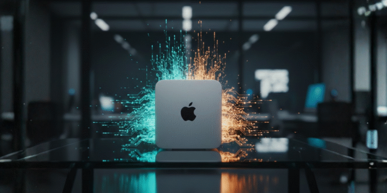 Professional setup of an Apple Mac Mini M4 used as a local LLM server for small agencies, featuring a high-end cinematic aesthetic with glowing cyan and amber AI data streams.