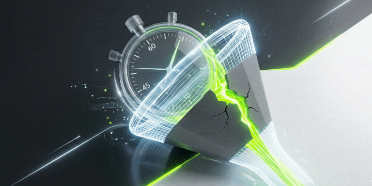 A conceptual 3D visualization of a stopwatch merging with a digital funnel, showing a profit leak being fixed by a glowing green light, symbolizing rapid diagnostic and recovery