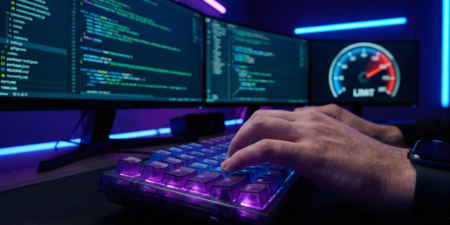 Close-up of a developer typing on a mechanical keyboard with glowing code and a digital usage gauge in the background, representing Claude Max limits in 2026.