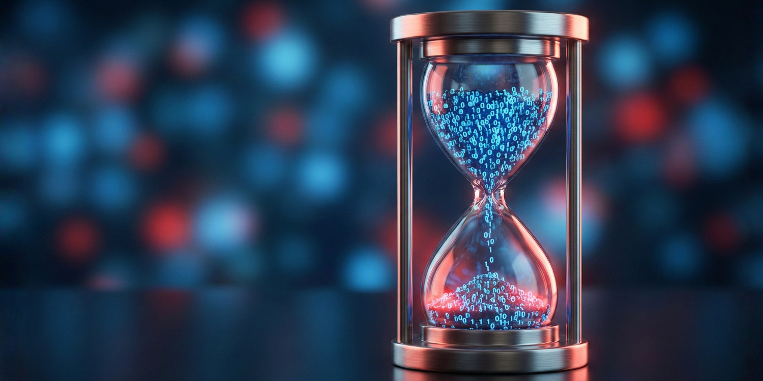 A futuristic hourglass with glowing binary code sand, representing Claude Pro message limits and coding capacity in 2026.
