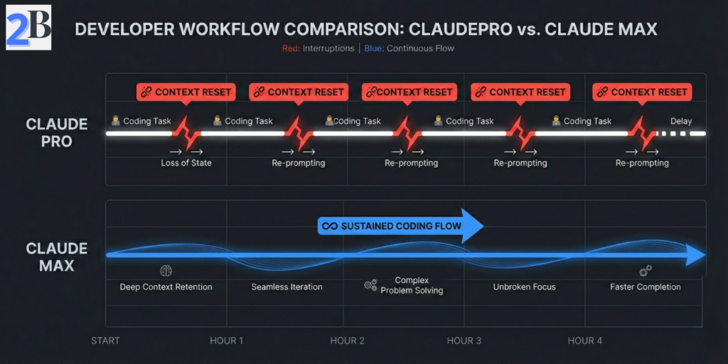 Infographic timeline comparing Claude Pro and Claude Max for heavy coding: showing frequent context resets on Pro versus sustained deep work flow on the Max plan.