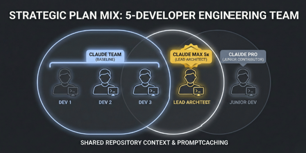 A strategic plan distribution diagram for a 5-developer team in 2026, showing the ROI of mixing Claude Team seats with selective Claude Max upgrades for lead roles.