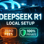 DeepSeek R1 local setup thumbnail with RTX 4090 GPU, neon cyberpunk lab, zero fees and 100% private AI branding