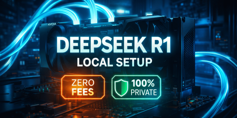 DeepSeek R1 local setup thumbnail with RTX 4090 GPU, neon cyberpunk lab, zero fees and 100% private AI branding
