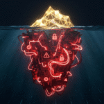 A cinematic 3D render of an iceberg representing the hidden total cost of ownership (TCO) in AI code generation.