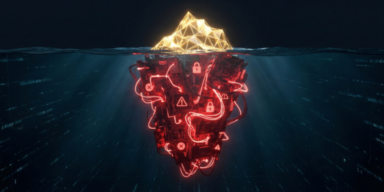 A cinematic 3D render of an iceberg representing the hidden total cost of ownership (TCO) in AI code generation.