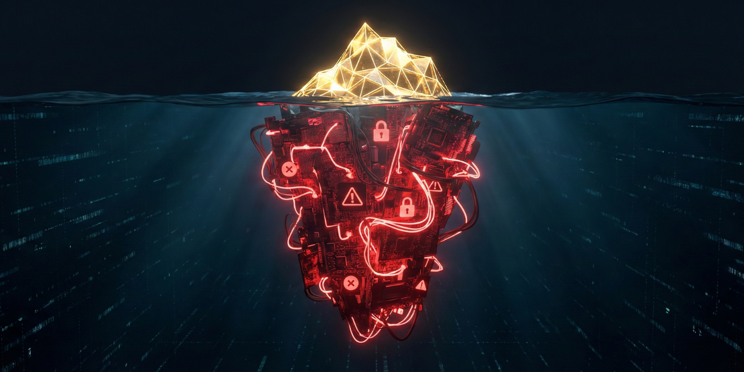 A cinematic 3D render of an iceberg representing the hidden total cost of ownership (TCO) in AI code generation.