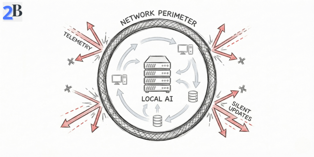 Illustrative sketch showing a secure network perimeter blocking external AI telemetry and unauthorized data egress.