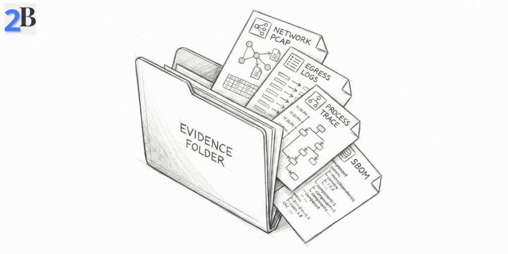 Technical sketch of a local AI privacy evidence pack including network captures, egress logs, and process traces for small teams.
