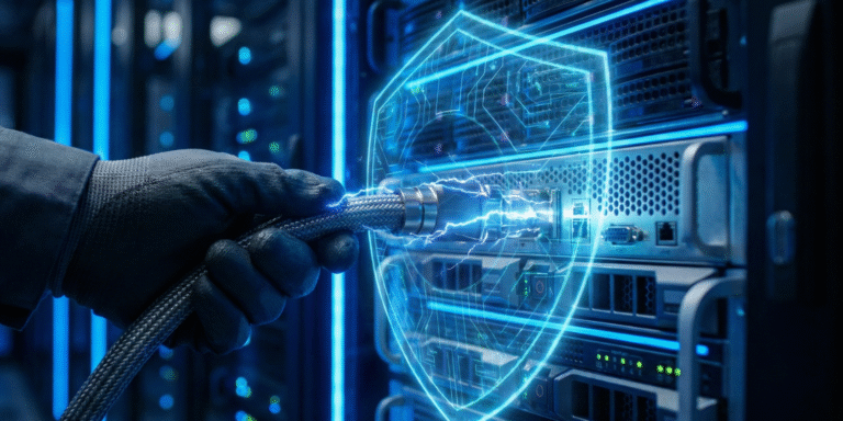 Cinematic image of a secured local AI server representing network privacy and air-gapped data protection.