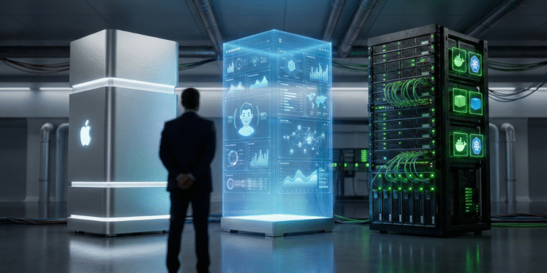 Futuristic enterprise data center visualizing three distinct local AI infrastructure options for 2026 standardization.