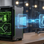 Futuristic workstation showing the integration of Windows and Linux for GPU-accelerated LocalAI.