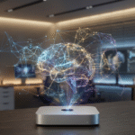 A sleek Apple Mac Mini M4 computer on a desk with a glowing holographic AI neural network visualization projecting above it, representing local DeepSeek R1 inference speed.