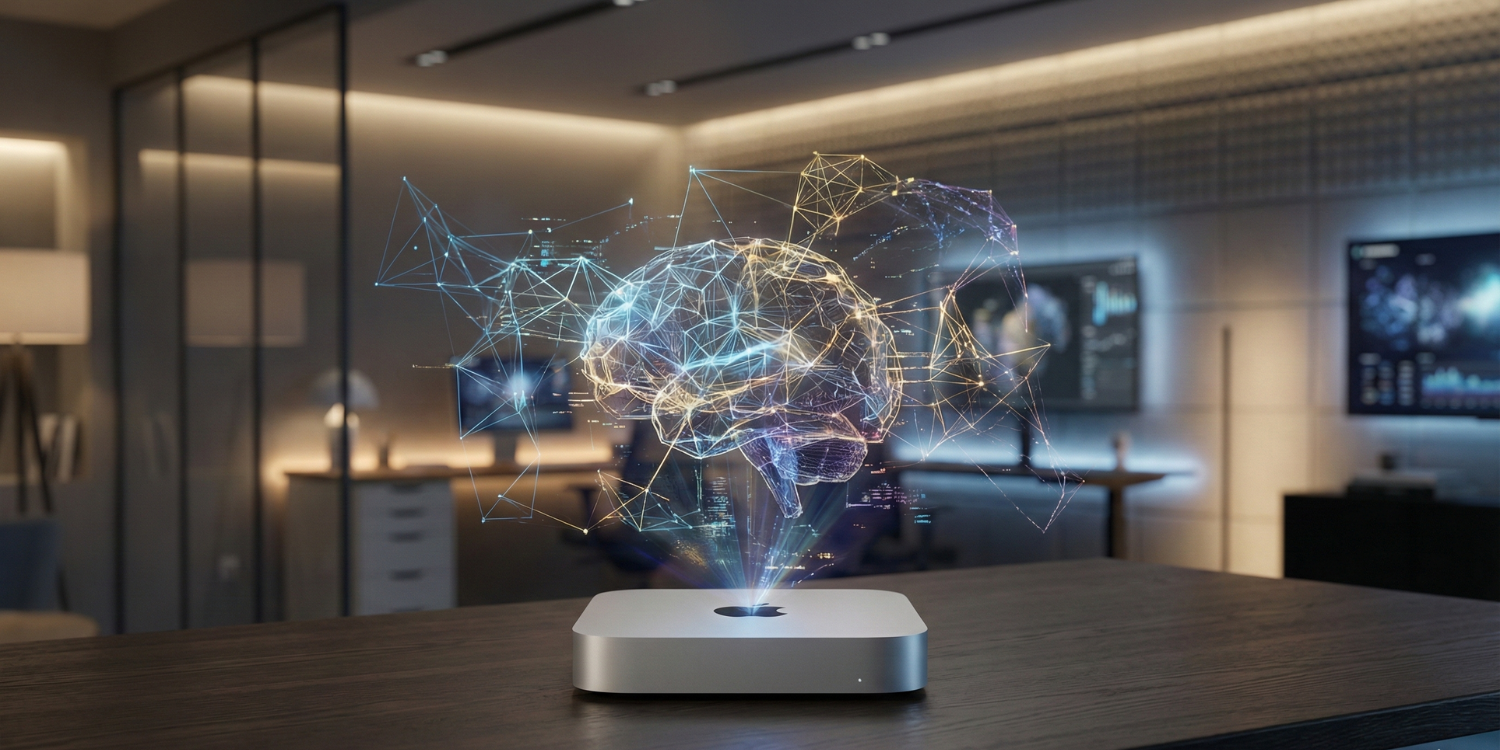 A sleek Apple Mac Mini M4 computer on a desk with a glowing holographic AI neural network visualization projecting above it, representing local DeepSeek R1 inference speed.