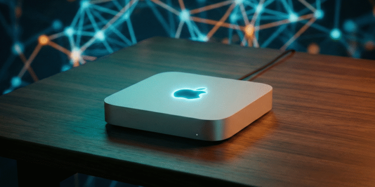 A cinematic view of the Mac Mini M4 on a professional desk, symbolizing its power as a local AI and LLM server