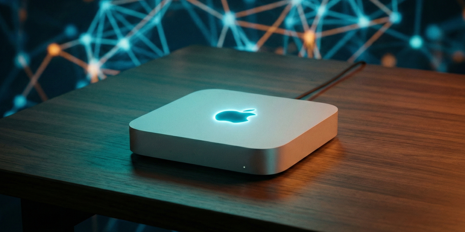A cinematic view of the Mac Mini M4 on a professional desk, symbolizing its power as a local AI and LLM server
