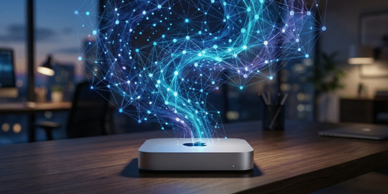 A cinematic photograph of a compact Mac Mini M4 Pro on a desk, processing a massive, glowing blue and purple artificial intelligence neural network constellation that swirls above and flows into the small device