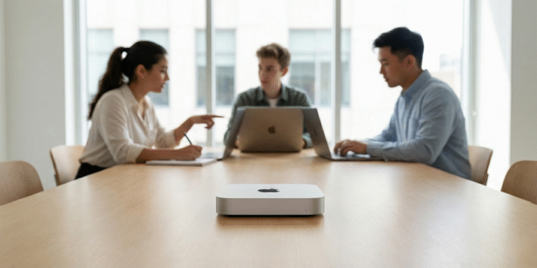 A Mac Mini M4 Pro serving as a central local AI hub for a small collaborative team in a modern office
