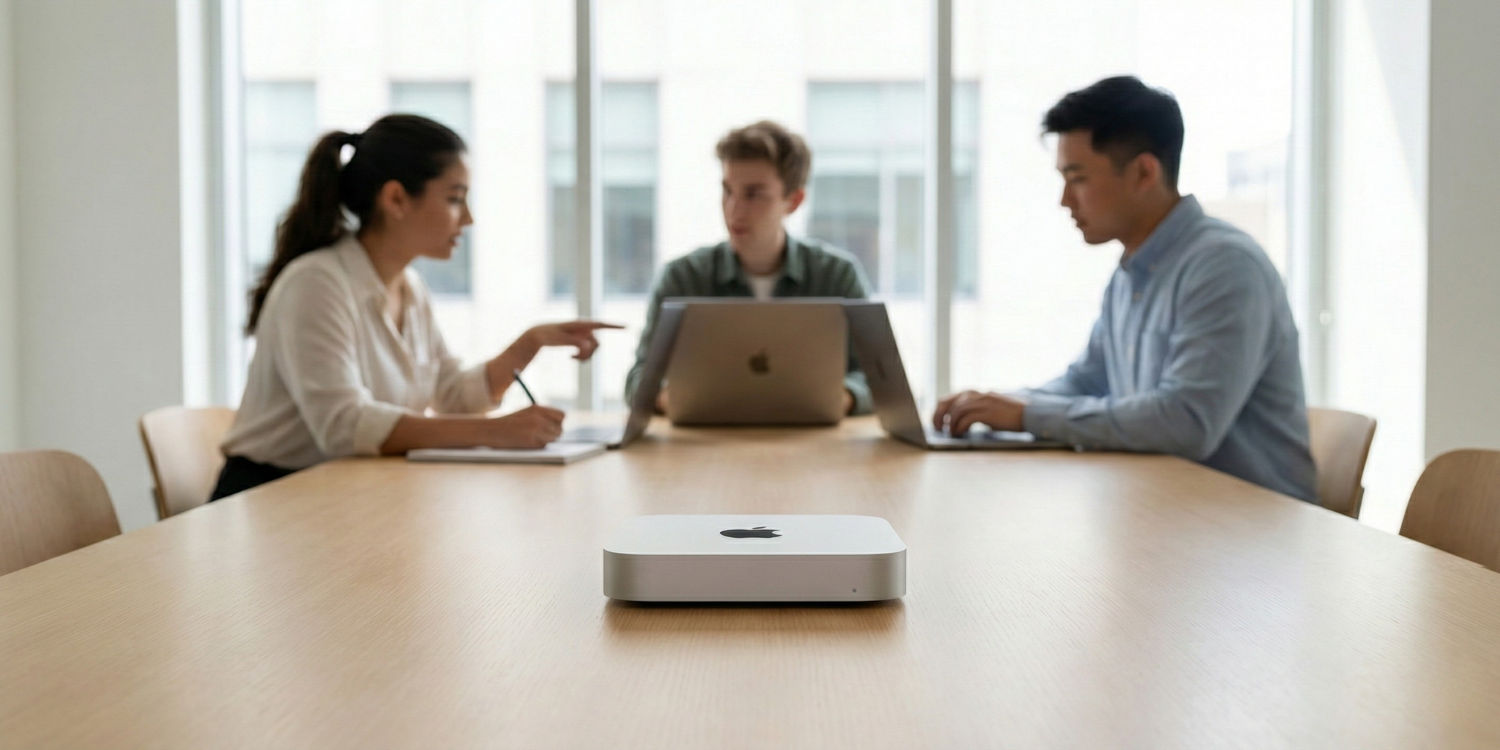 A Mac Mini M4 Pro serving as a central local AI hub for a small collaborative team in a modern office