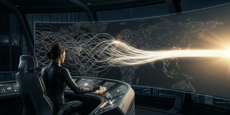 A stylized visual representation of a telecom operator transforming tangled lines of network complexity into a smooth, elegant flow of customer experience towards a bright horizon, symbolizing frictionless journey orchestration