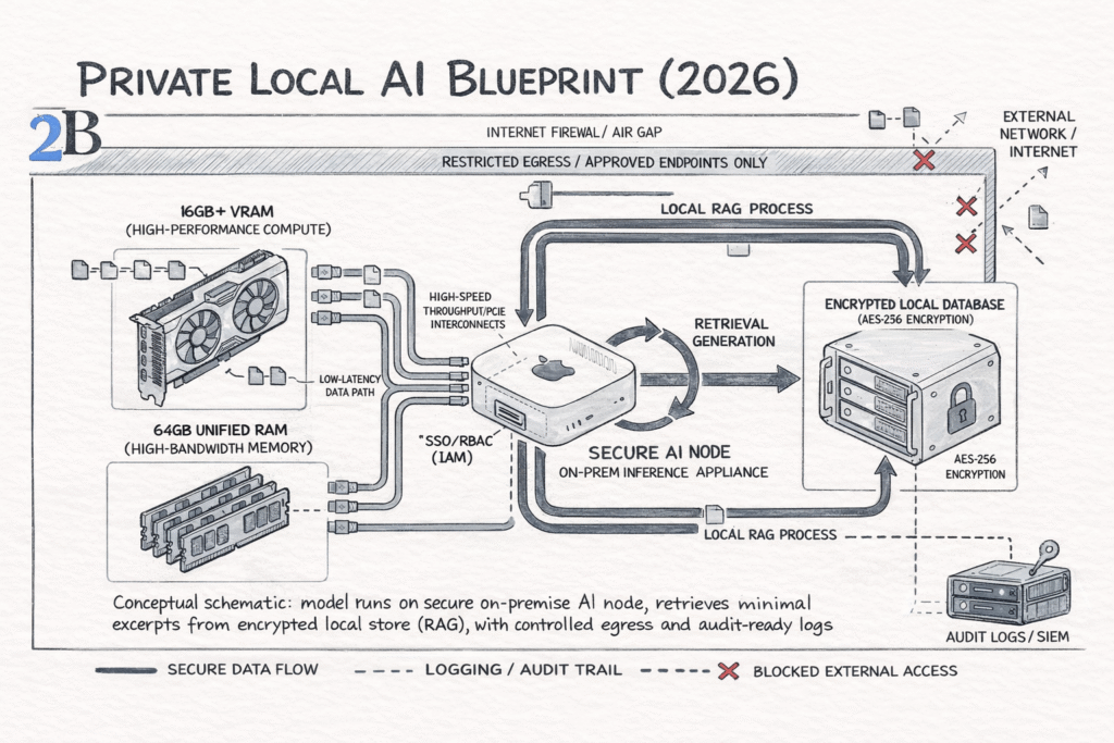 Private local AI blueprint (2026) showing a secure on-premise RAG architecture with isolated AI node, encrypted local database, and controlled external access for compliance and auditability.