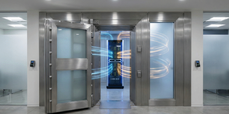 Professional high-tech office vault with a glowing on-premise AI server node, representing data sovereignty and secure local AI infrastructure for real estate and insurance firms