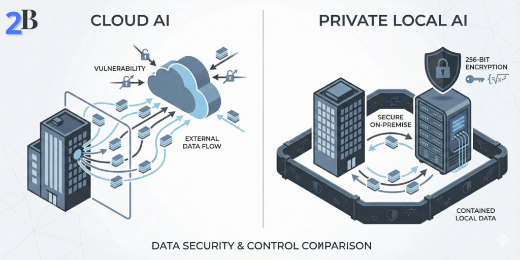 Comparison diagram showing cloud AI data exposure risks versus private local AI data sovereignty and security for real estate firms.