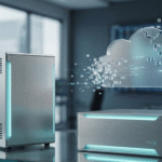High-end cinematic photography of a sleek, minimalist micro-server glowing with soft cyan light on a clean glass office table. In the background, a large, heavy cloud icon is dissolving into small, efficient data blocks.