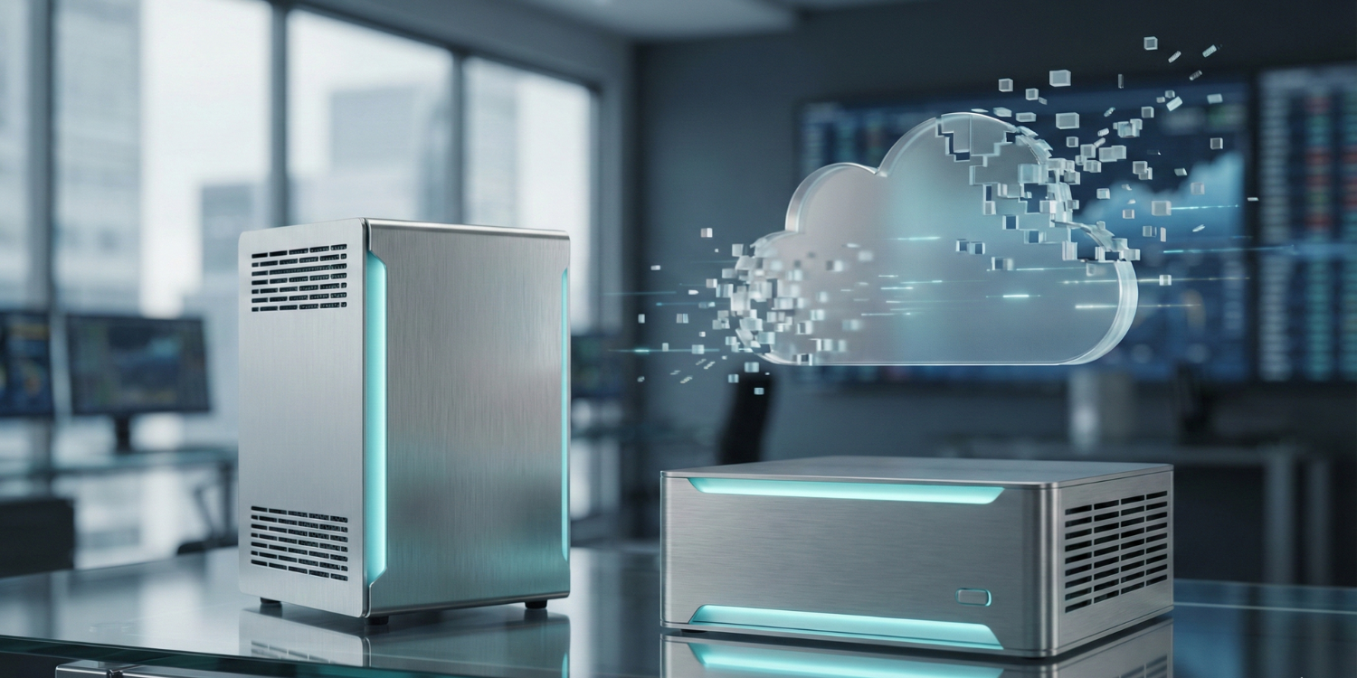 High-end cinematic photography of a sleek, minimalist micro-server glowing with soft cyan light on a clean glass office table. In the background, a large, heavy cloud icon is dissolving into small, efficient data blocks.