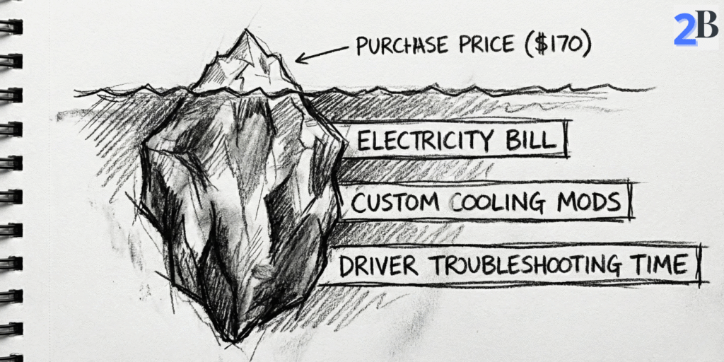 A minimalist iceberg sketch illustrating the hidden costs of running a Tesla P40, including power consumption and DIY cooling