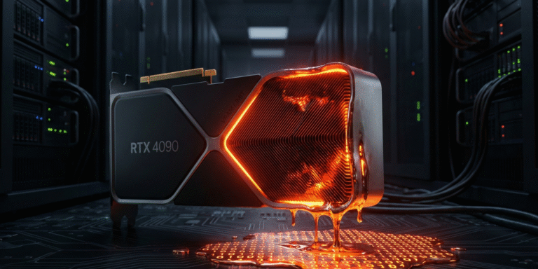 A high-end GPU melting under heavy AI workload, symbolizing the VRAM limitations of 12GB hardware for large language models.